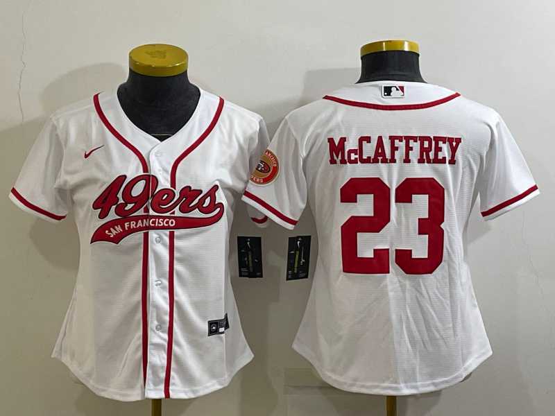 Womens San Francisco 49ers #23 Christian McCaffrey White With Patch Cool Base Stitched Baseball Jersey